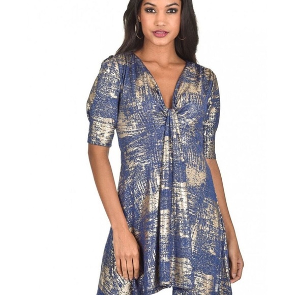 ASOS AX PARIS knot metallic gold navy dress - Picture 1 of 4
